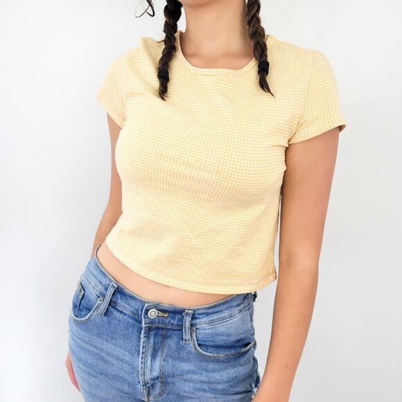 American Eagle Crop Top Gingham XS XSmall Yellow White Long Sleeve Plaid Summer - Picture 1 of 5